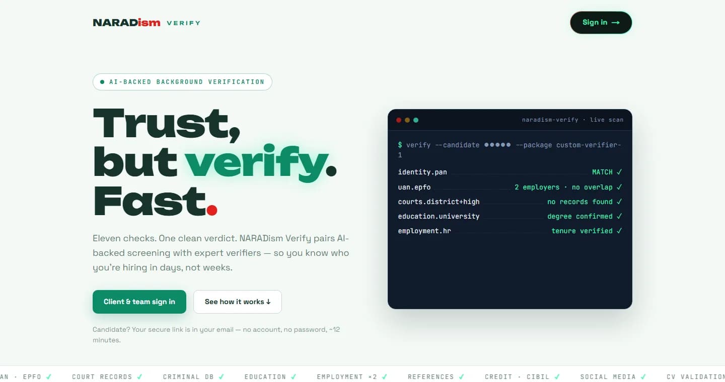 NARADism Verify portal: live scan across identity, EPFO, courts, education and employment